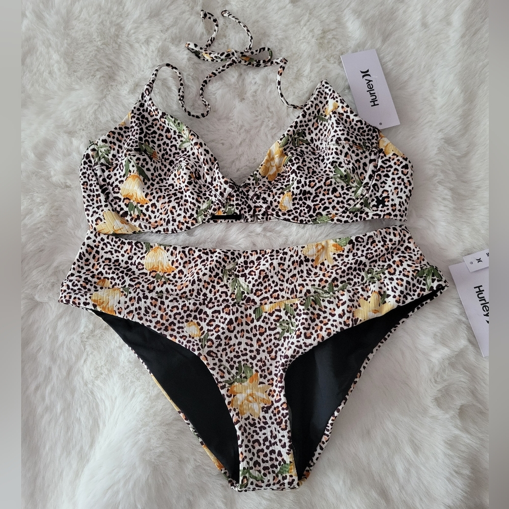 🏝HURLEY JUNGLE CAT UNDERWIRE BIKINI TOP AND BOTTOM SIZE L
